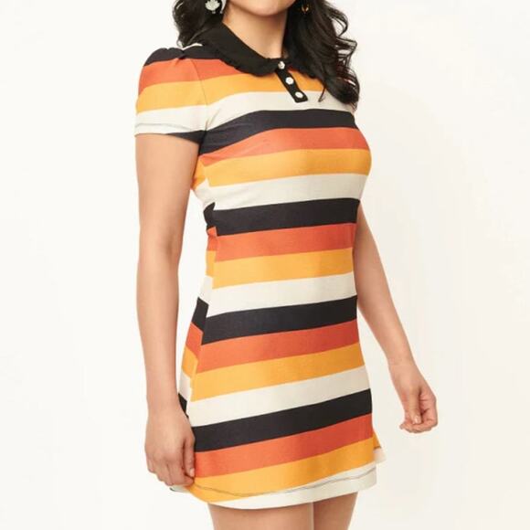 NWT Unique Vintage Mini Polo Dress XS Candy Corn Stripe Halloween Spooky Orange - Picture 1 of 11